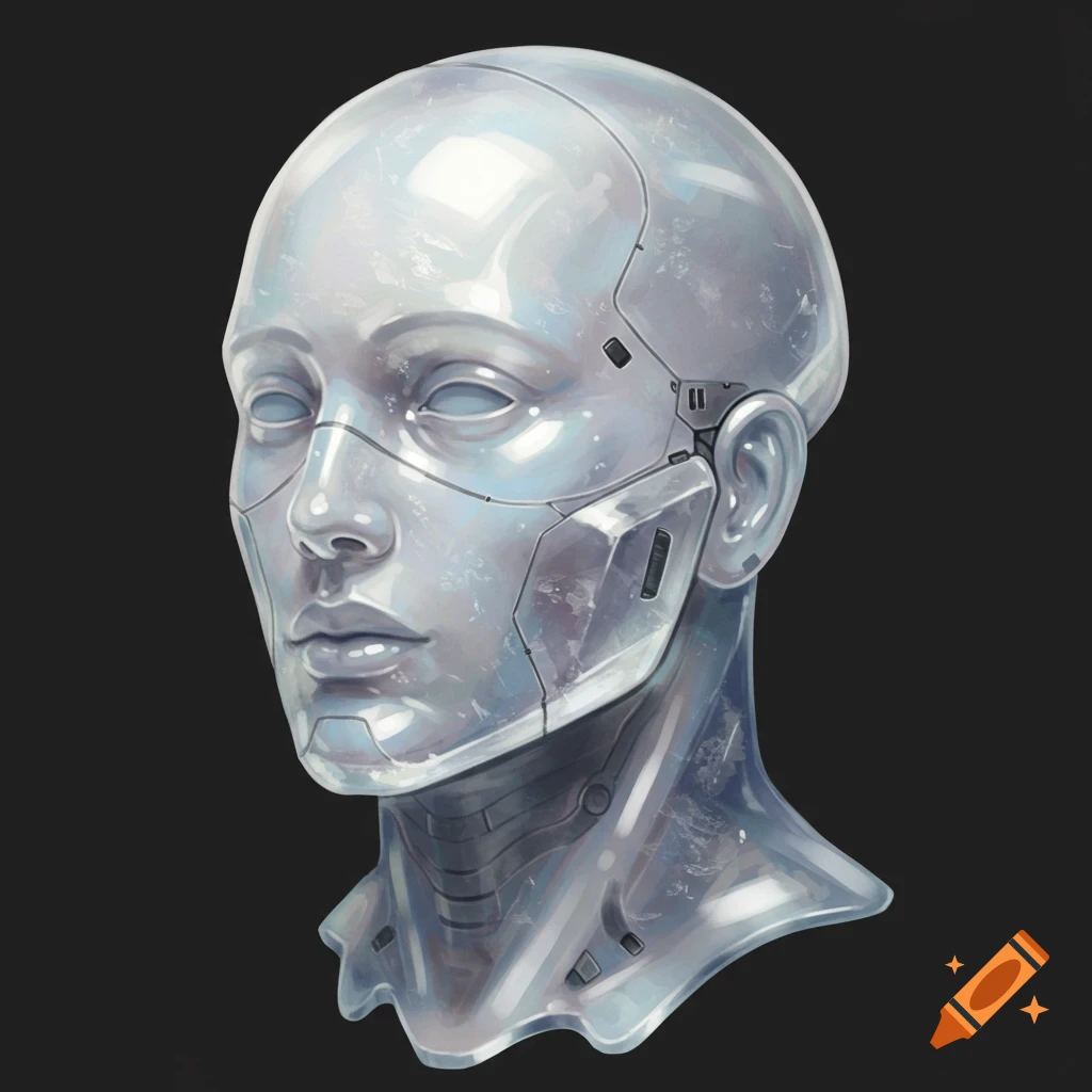 A futuristic cyborg head bust made of translucent material on a black background.