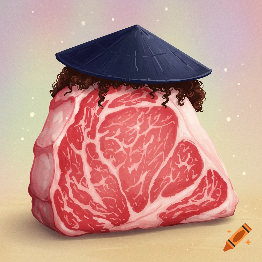 Ribeye steak wearing a conical hat and curly hair.