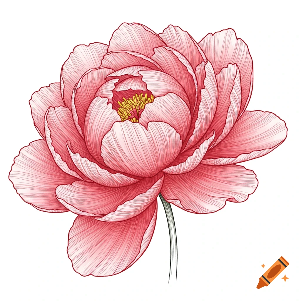 A pink peony flower illustration in contour line drawing style.