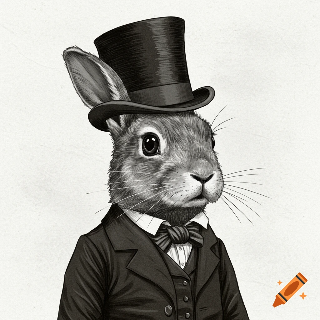 A black and white illustration of an anthropomorphic rabbit wearing a top hat and suit.