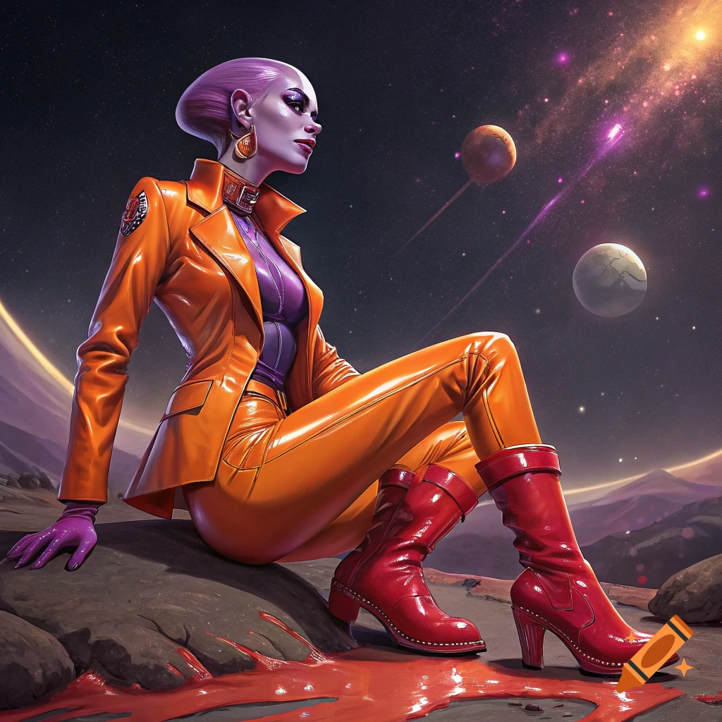 A purple-skinned alien woman in a shiny orange suit and red boots sits on a rock in a vibrant space landscape.