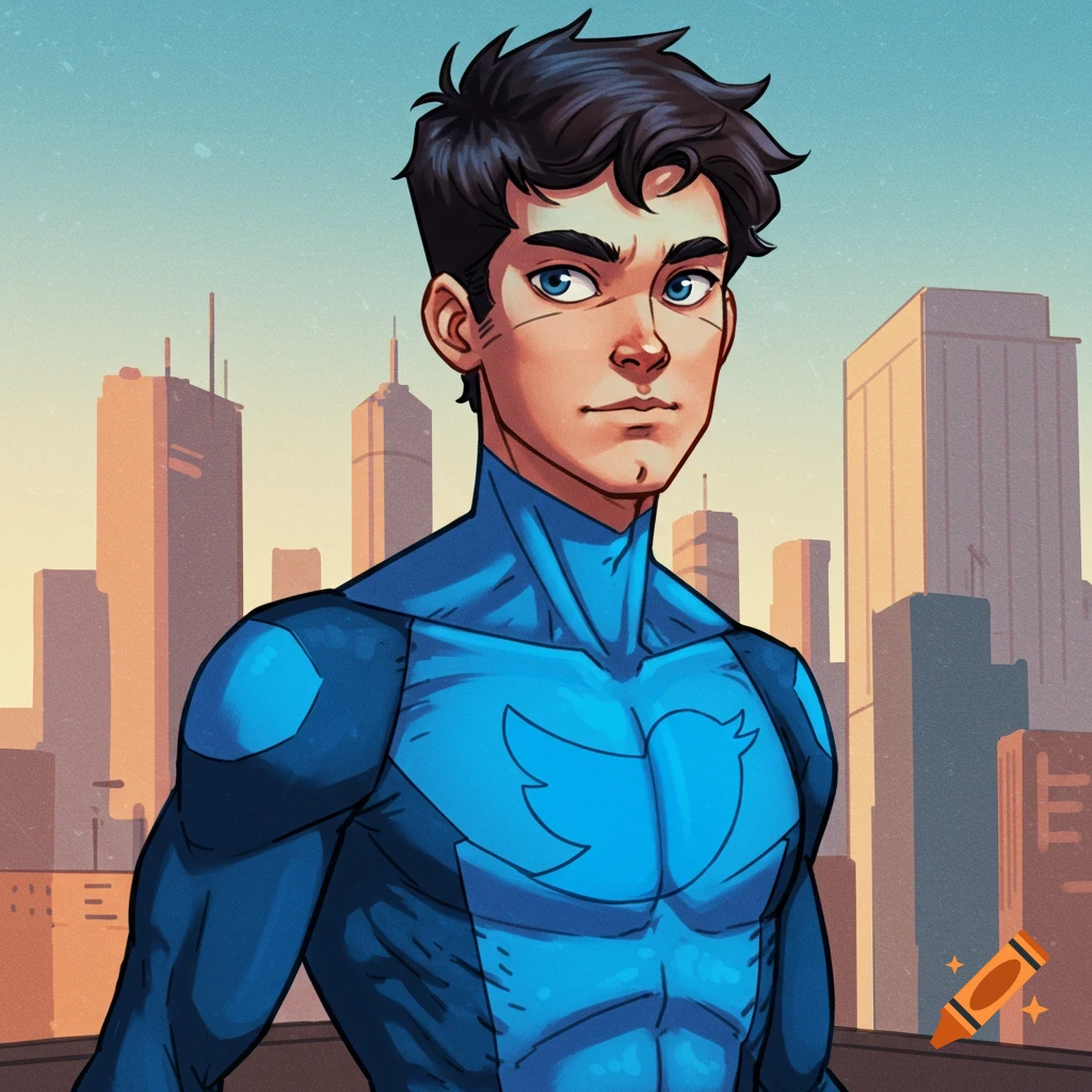 A young man in a blue superhero suit with a bird symbol stands in front of a city skyline.