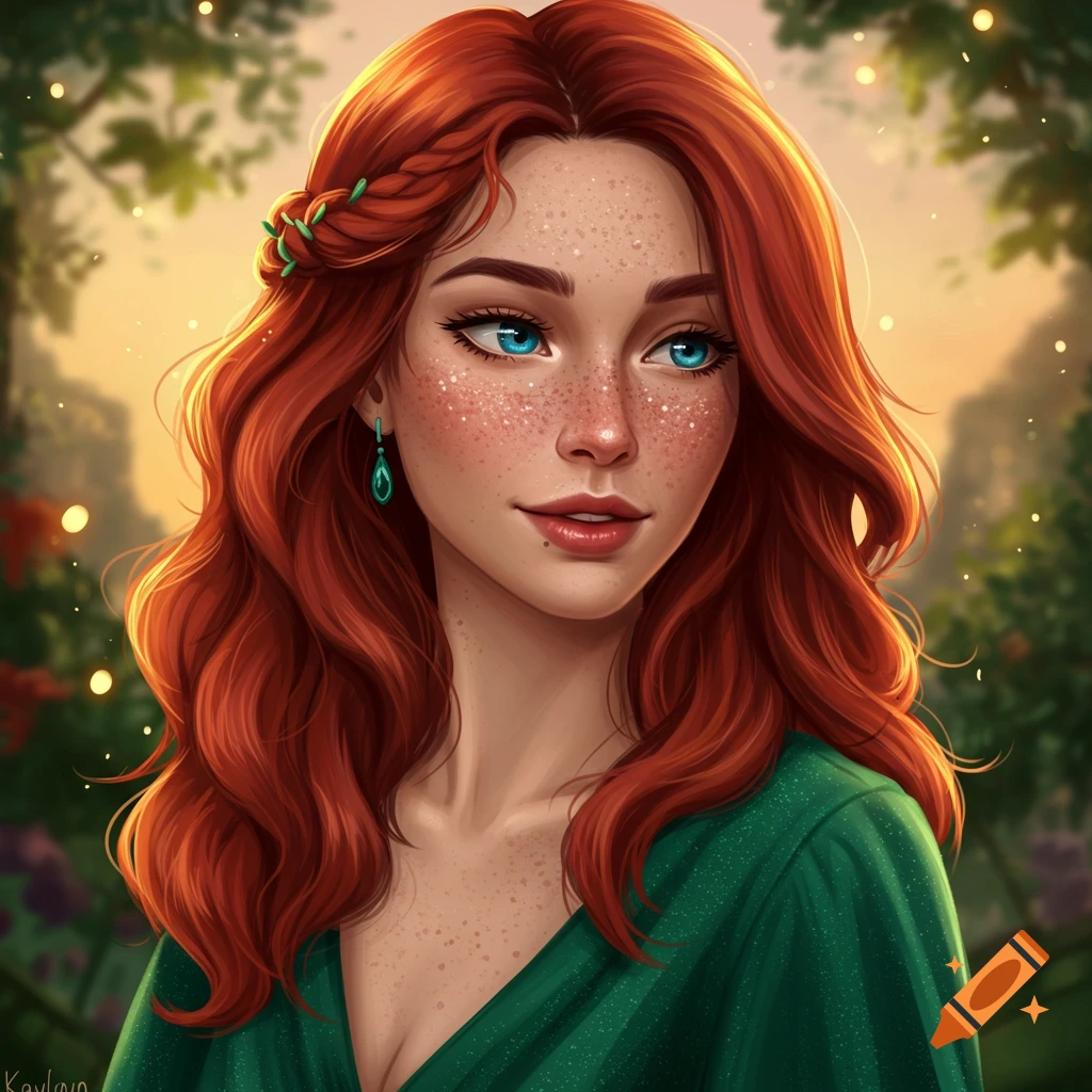 A red-haired woman with freckles and blue eyes in a forest