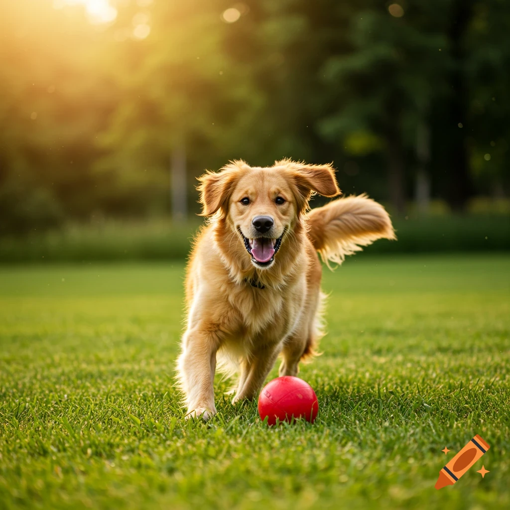 Golden retriever dog running after a red ball in a grassy field during sunset.