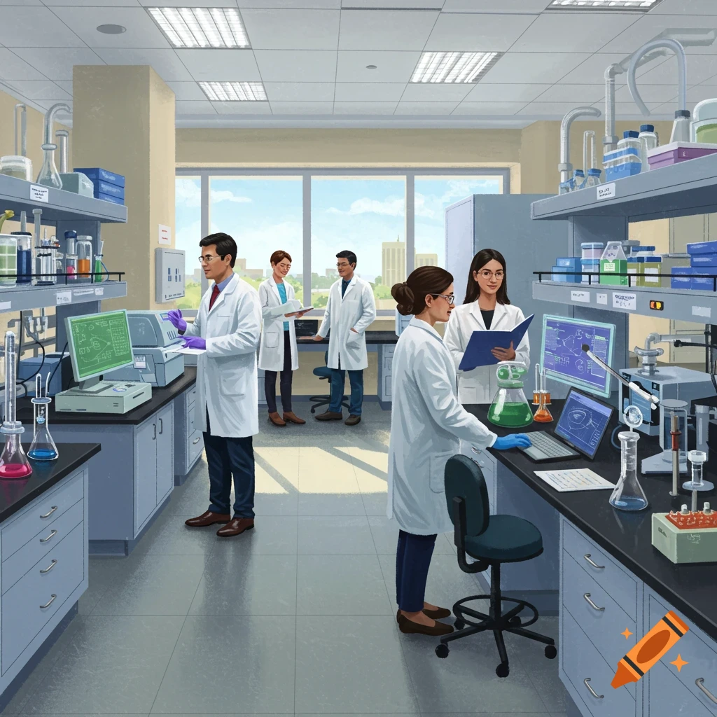 Scientists work with equipment and computers in a brightly lit laboratory.