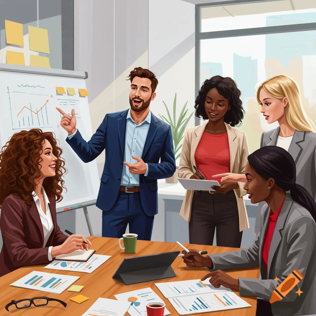 A business meeting with a man presenting to three women and one woman looking at documents.