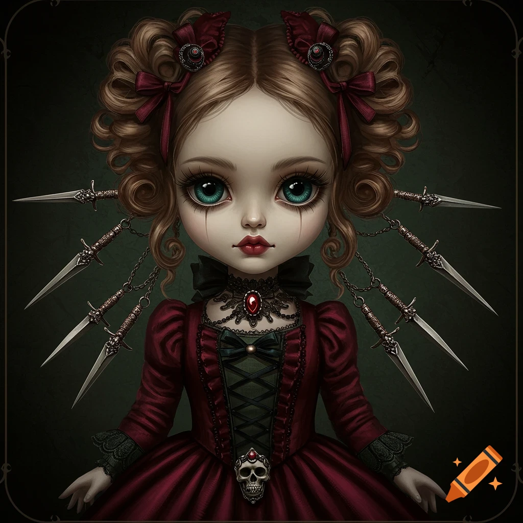 A stylized gothic doll with large eyes and a red dress, chains connect small daggers to her head.