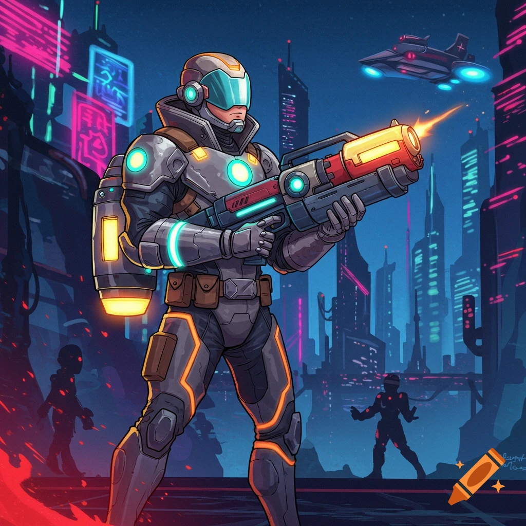 A futuristic character holding a large plasma gun in a cyberpunk city.