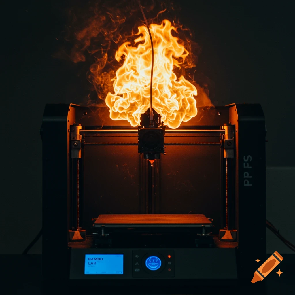A 3D printer has a large pillar of orange flames erupting from its top.