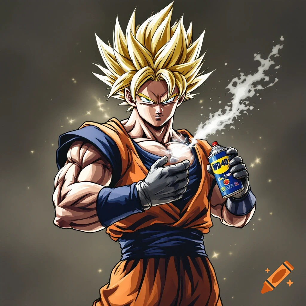 Super Saiyan Goku sprays a can of WD-40 onto his chest in an anime art style.
