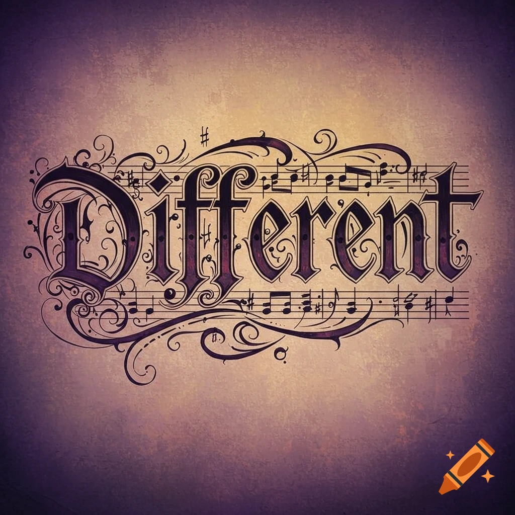 The word "Different" stylized as part of a musical score with ornamental flourishes in fine line tattoo art style.