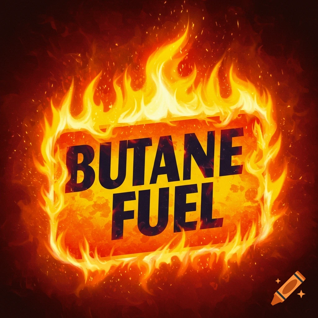 'BUTANE FUEL' label surrounded by fire.