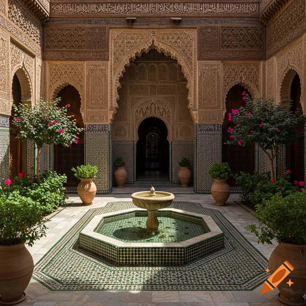 Photo of a courtyard with fountain and ornate Middle Eastern architecture