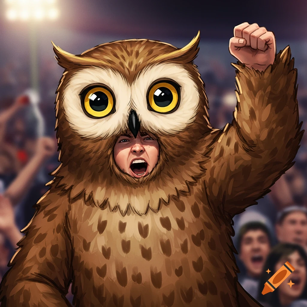Illustration of a person in an owl costume raising a fist and cheering at a sports game.