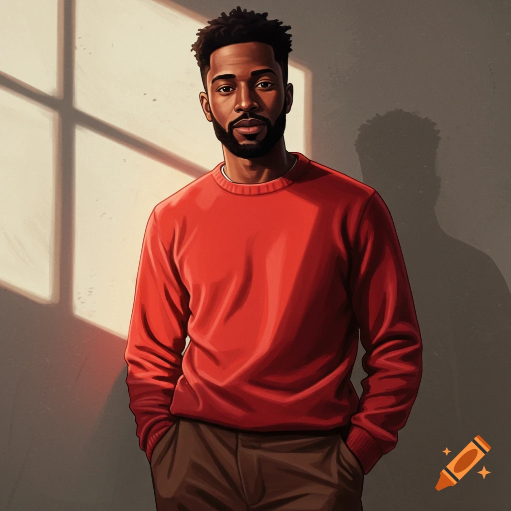 A man in a red sweater and brown pants stands by a window.