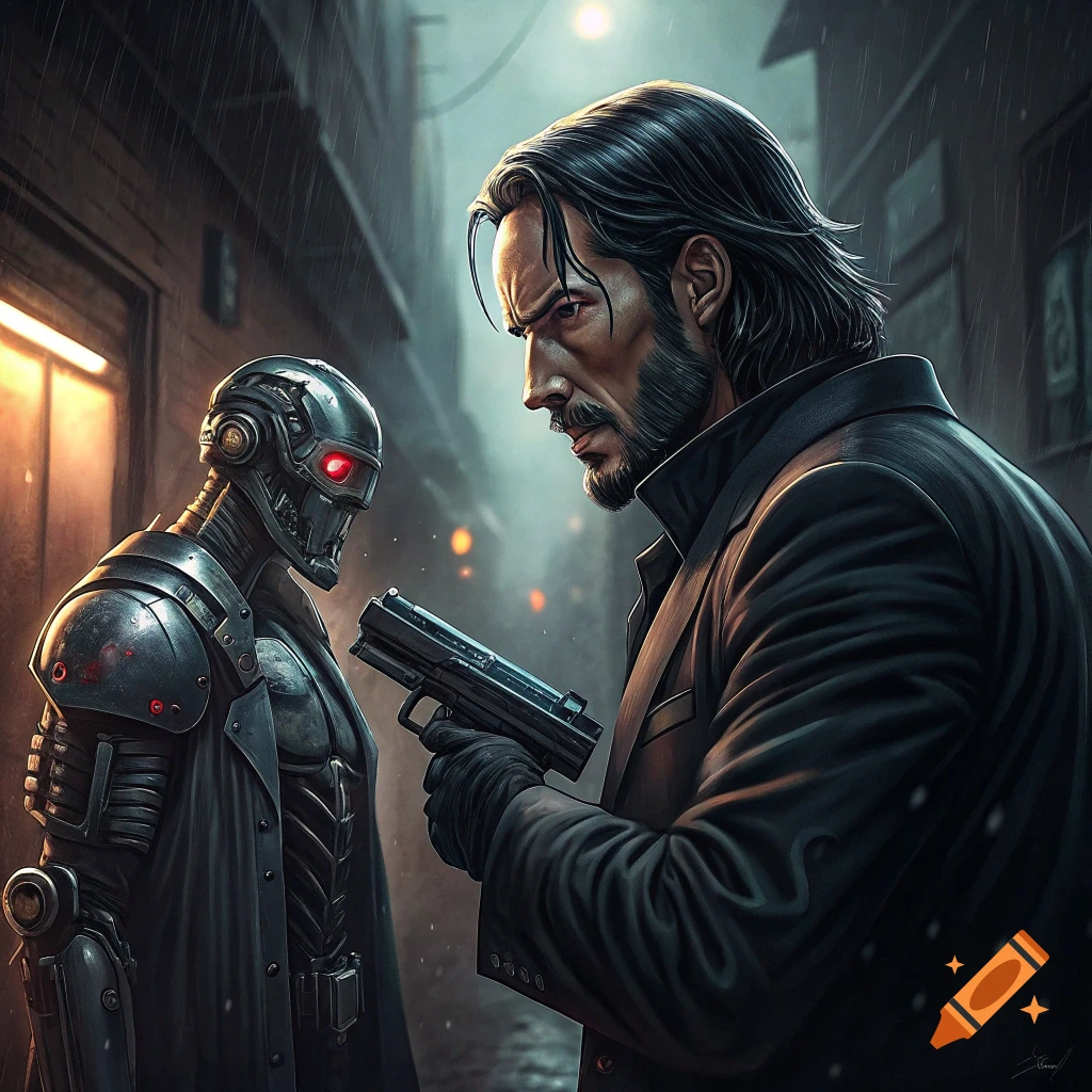 John Wick points a gun at a Terminator robot in a rainy alley, cinematic style.