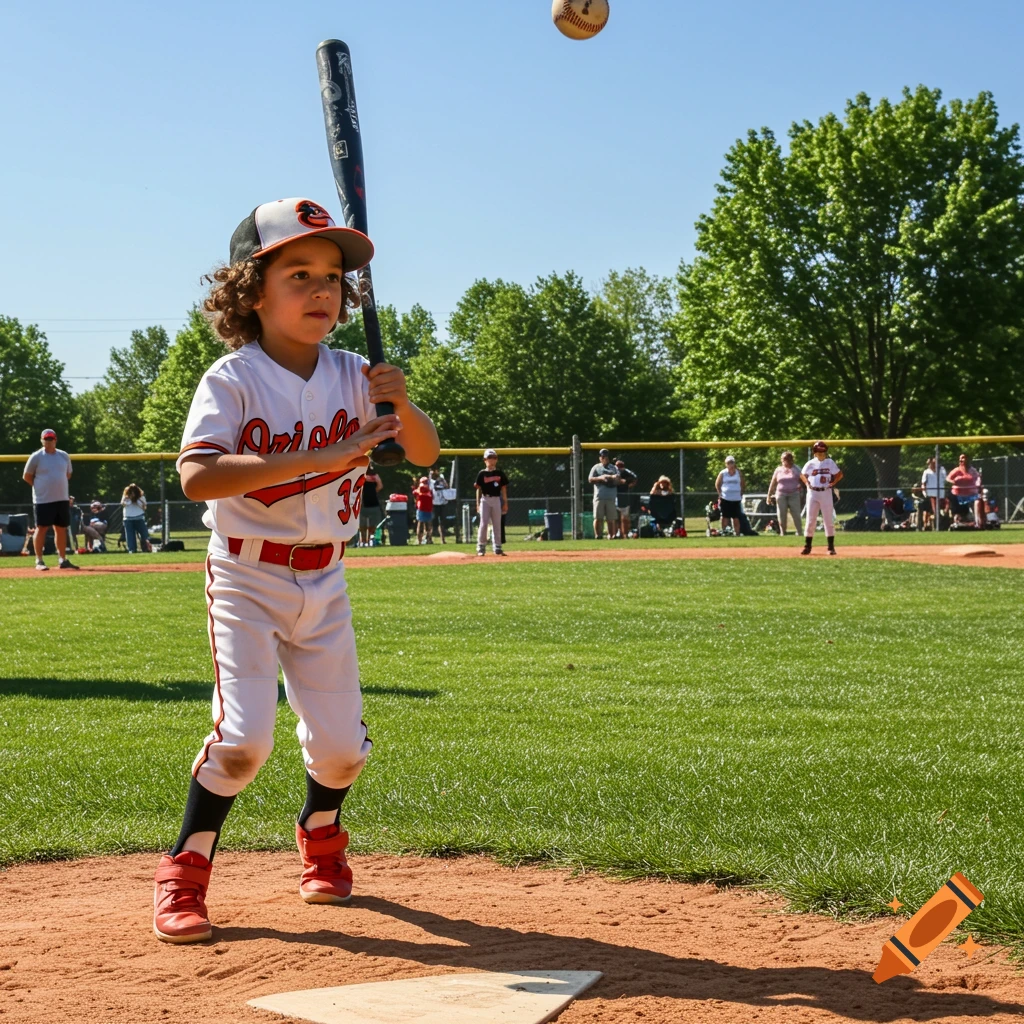 Young boy in an Orioles baseball uniform batting during a sunny game.