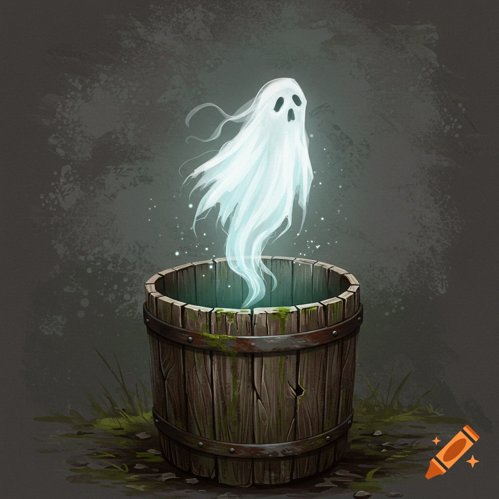 A spooky translucent ghost rising from a rustic wooden barrel.