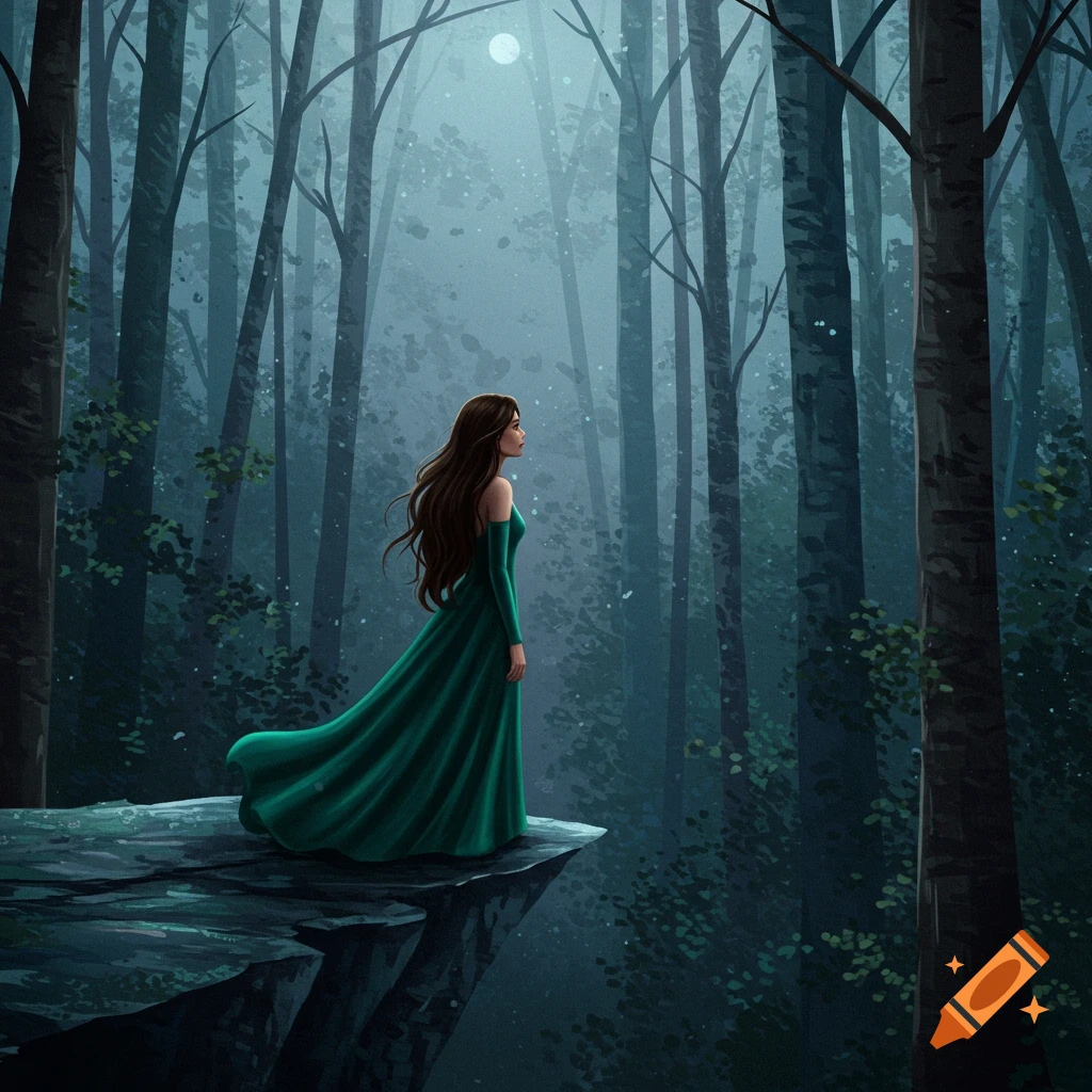A woman in a green dress stands on a cliff edge in a moonlit forest.