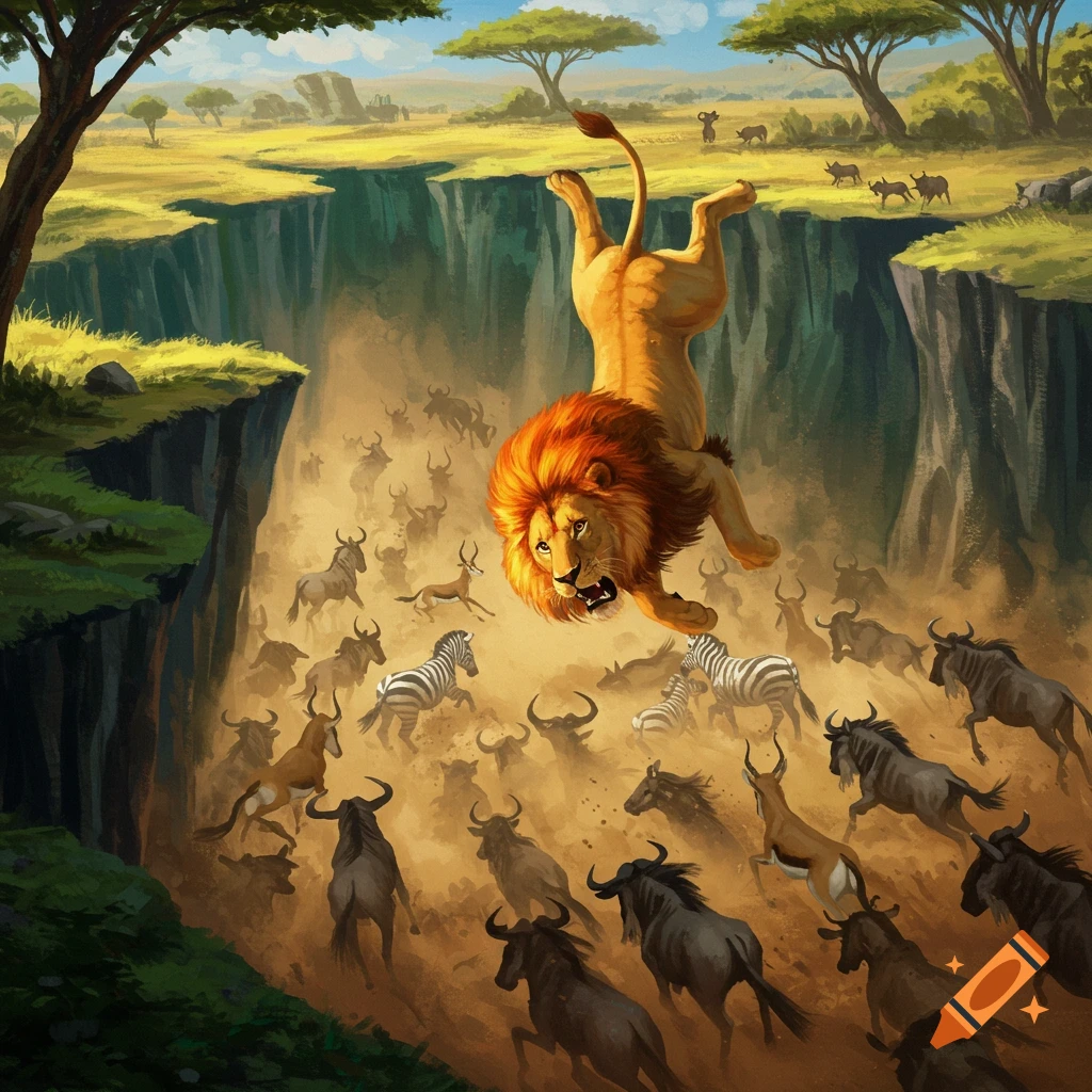 A lion falling into a stampede of wildebeests, zebras, and gazelles in a savanna gorge.