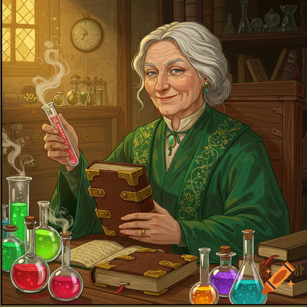 An older potions teacher in a lab, holding a book and test tube.