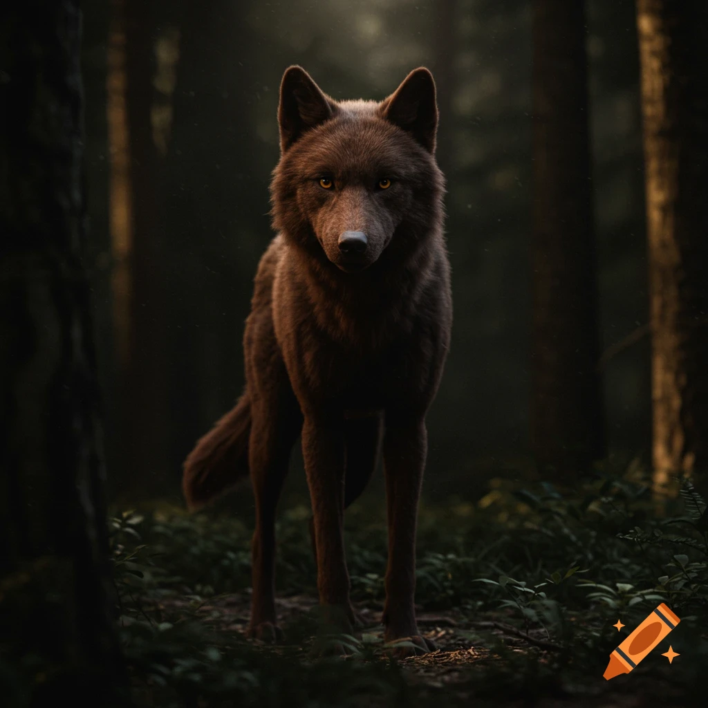 Brown wolf standing in a dark forest, looking forward.