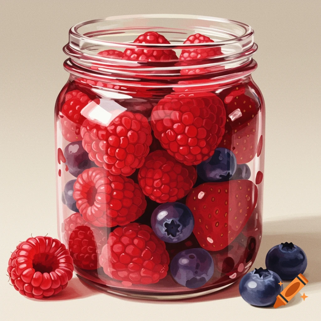 Raspberries, blueberries, and strawberries in a glass jar.