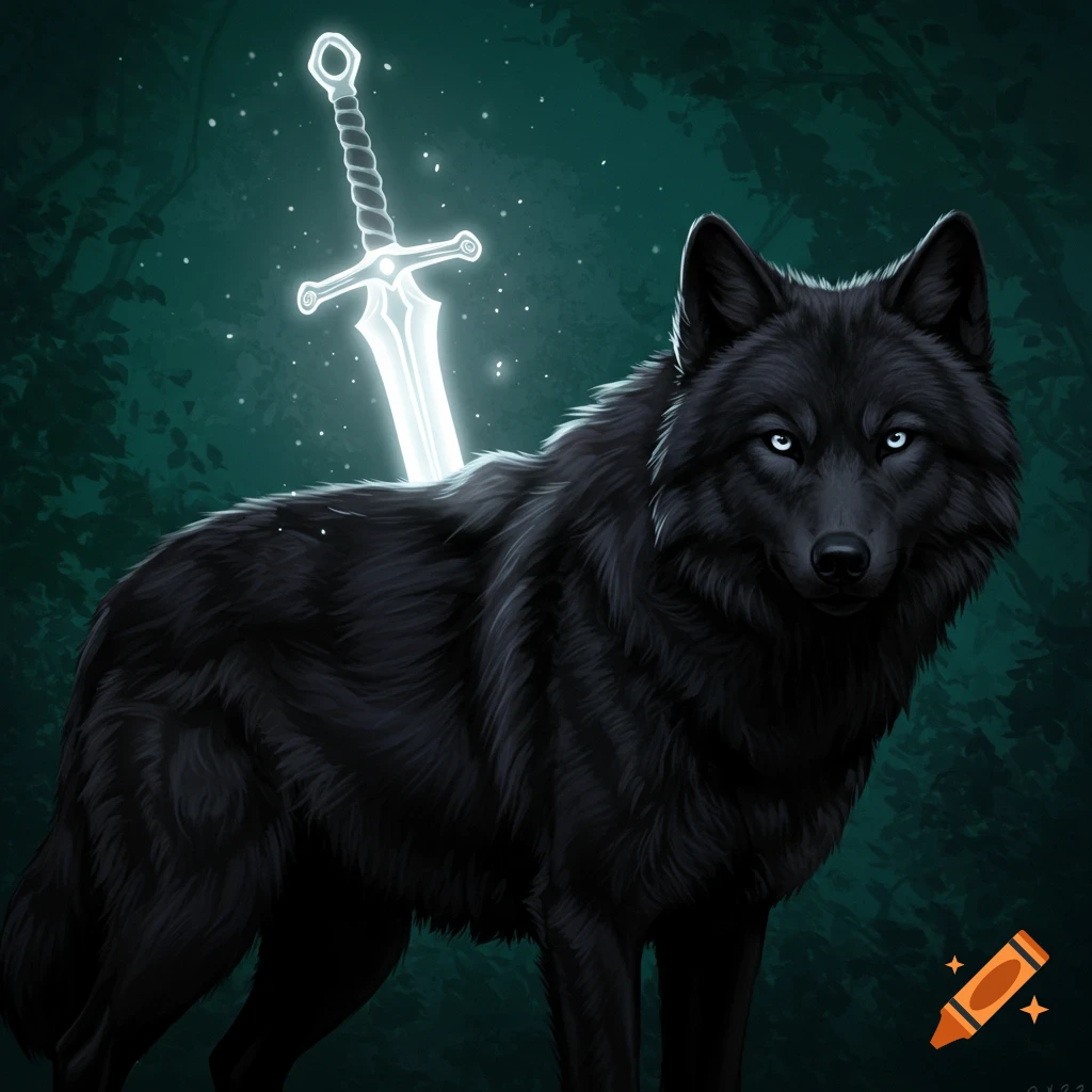 A black wolf with glowing blue eyes and a glowing white sword behind its back in a dark forest.