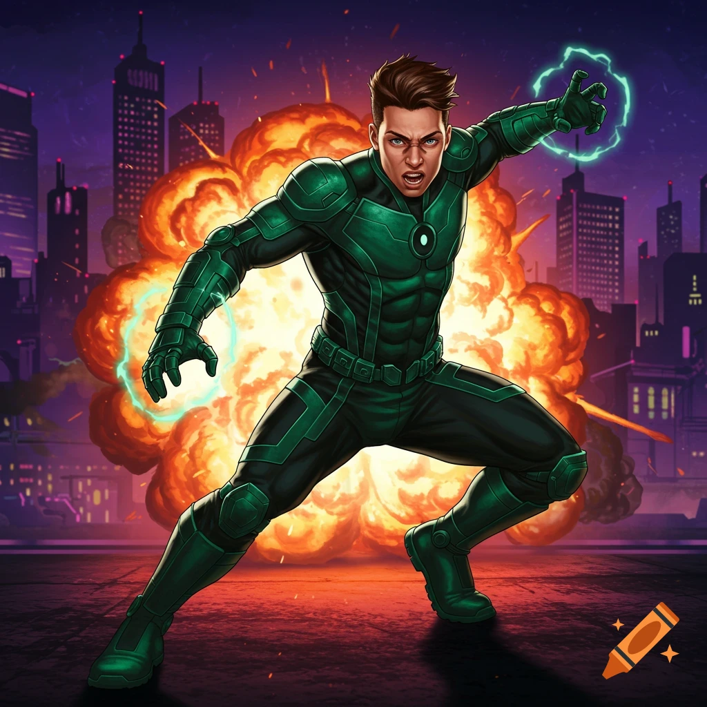 A superhero in a green suit posing with energy blasts in front of an explosion and city skyline.