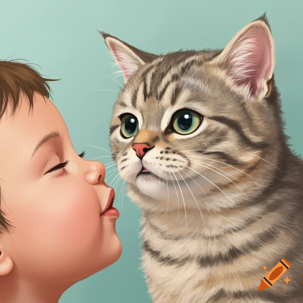 A child and a cat touching noses or about to kiss.