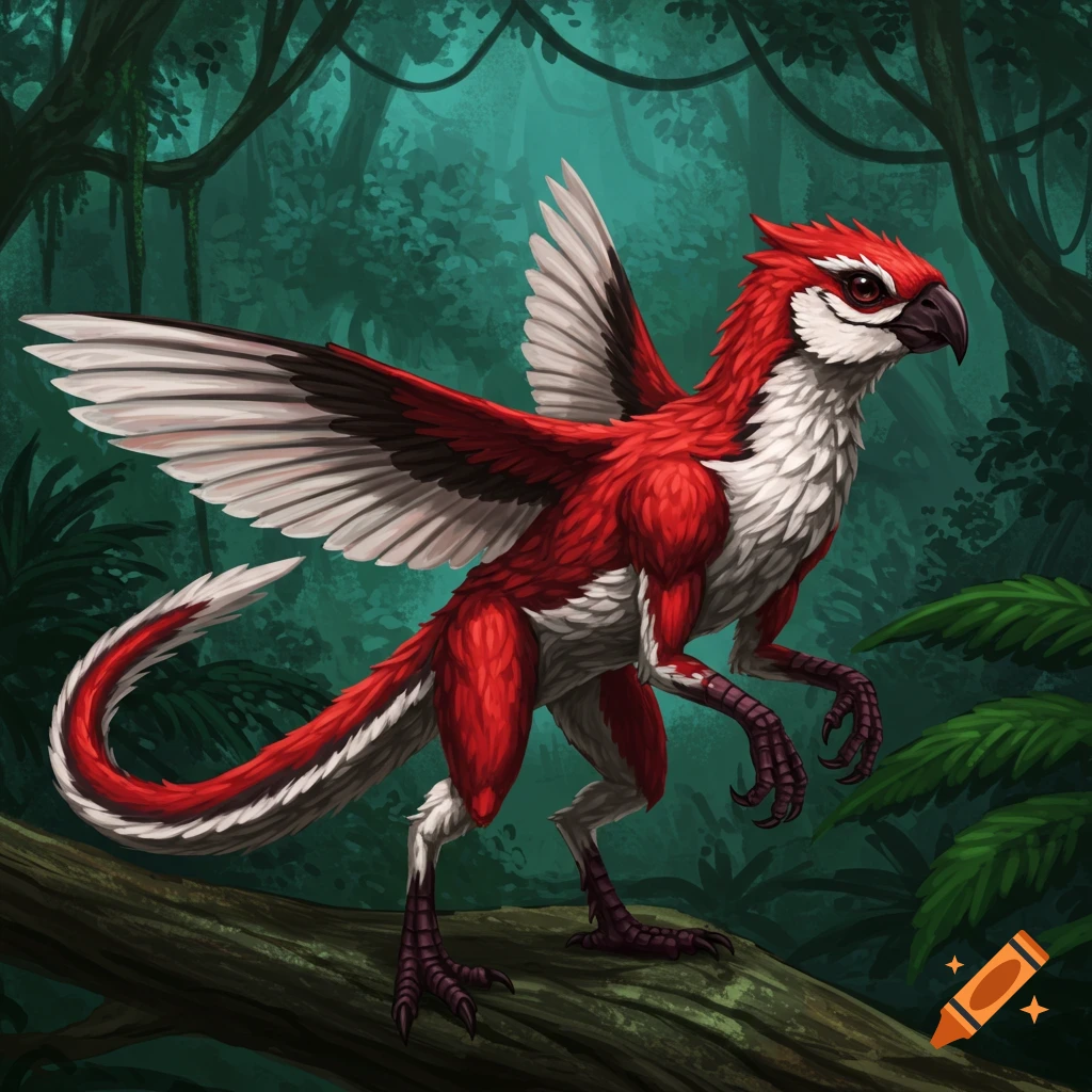 A red and white feathered dinosaur-like creature perched on a log in a lush rainforest.