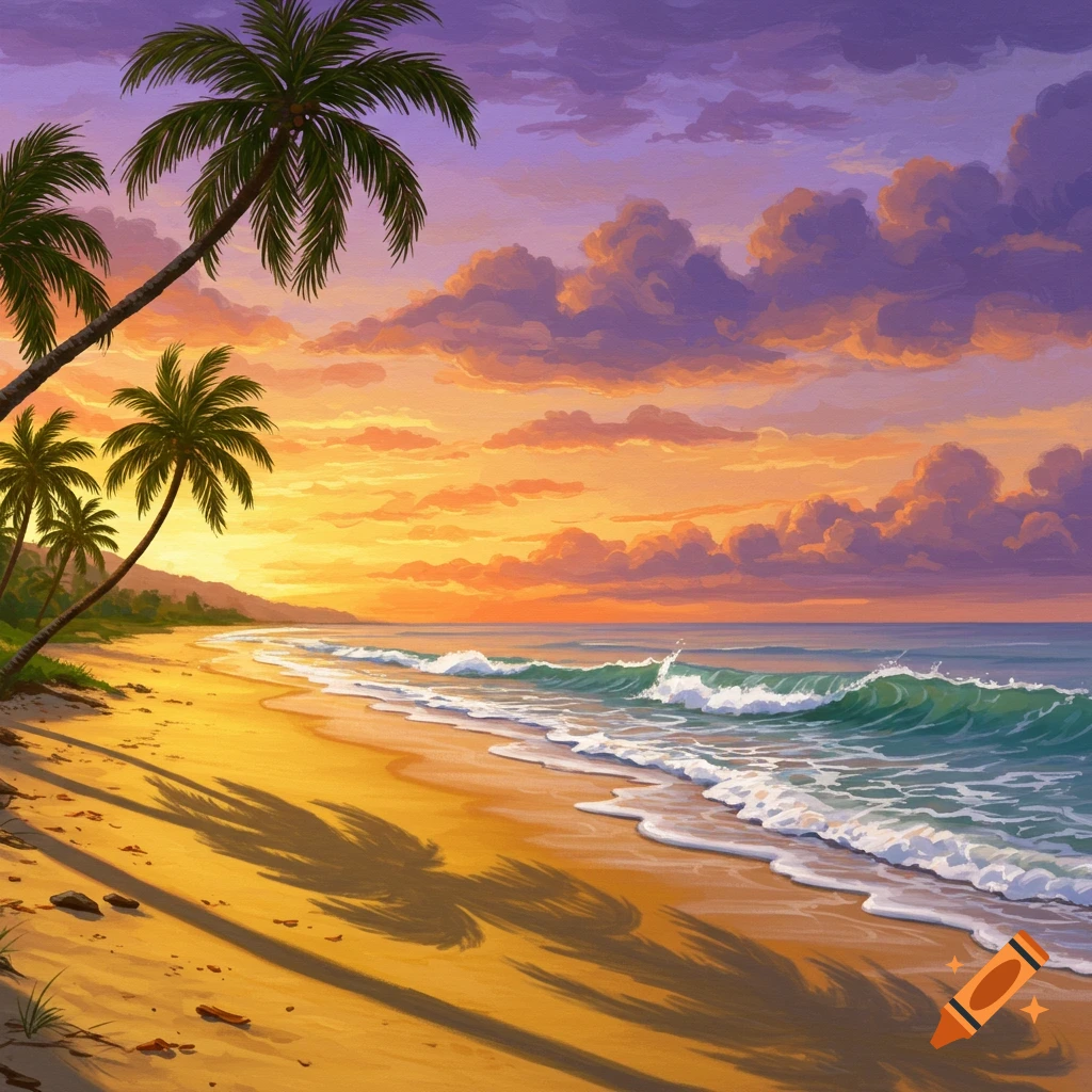 A beach at sunset with palm trees and waves.