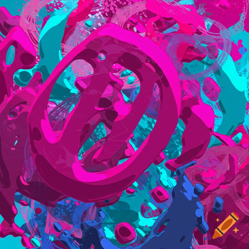 Vibrant abstract image with pink, blue, and teal swirling shapes and splatters