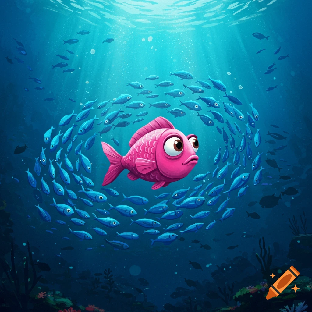 A large pink fish swims among a school of smaller blue fish in the ocean.