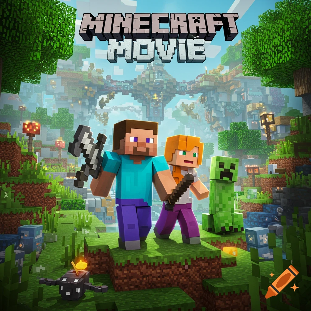 Minecraft Movie poster with Steve, Alex, wolf, Creeper, and zombie