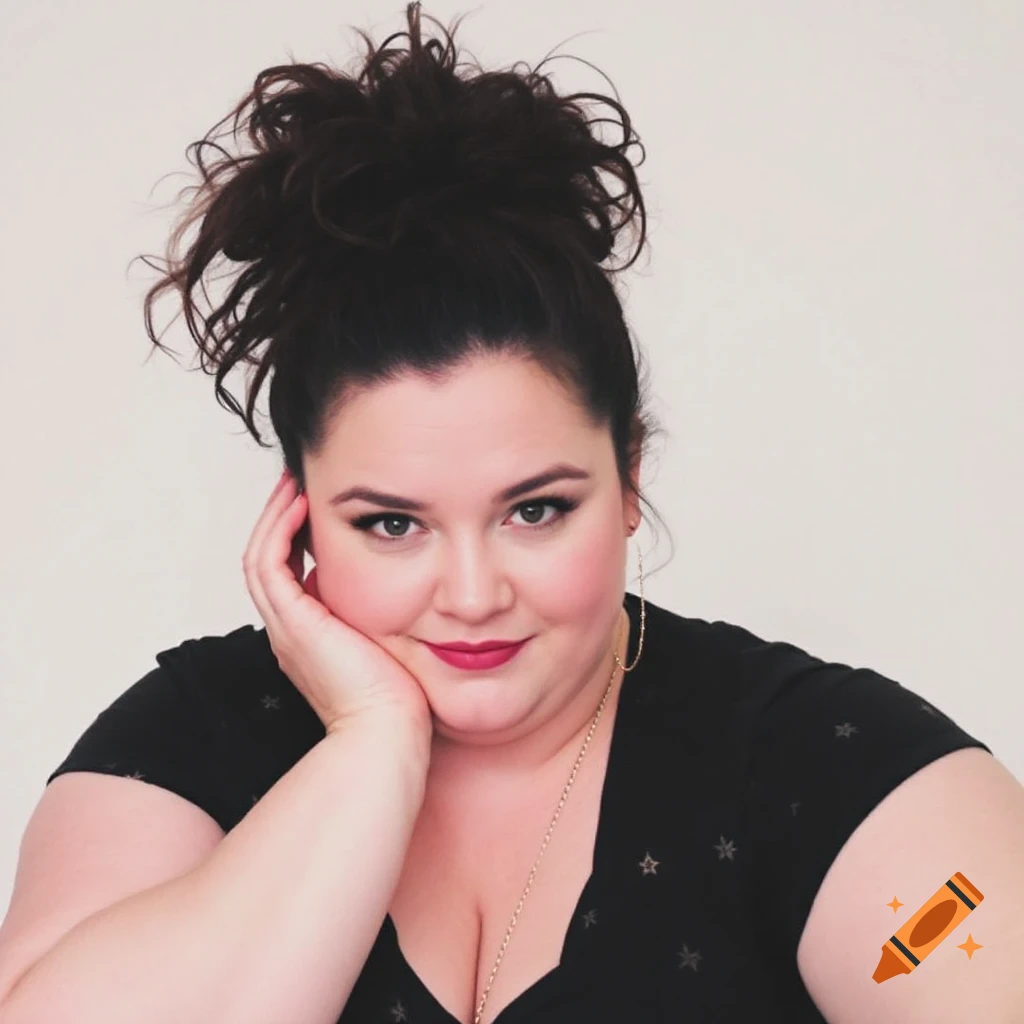 A woman with a messy bun hairstyle rests her head on her hand, wearing a black top and smiling at the camera.