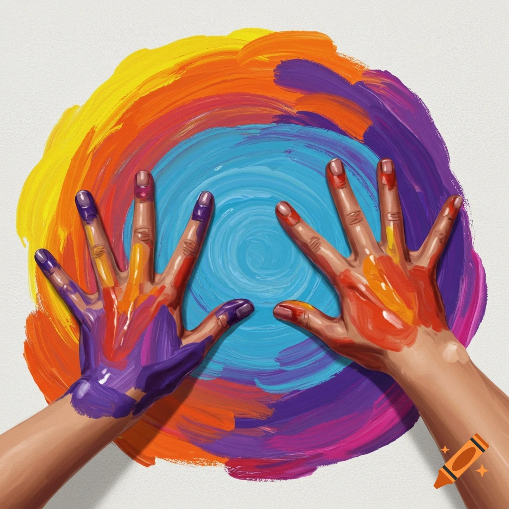 Two hands covered in colorful paint create a vibrant swirl on a canvas.