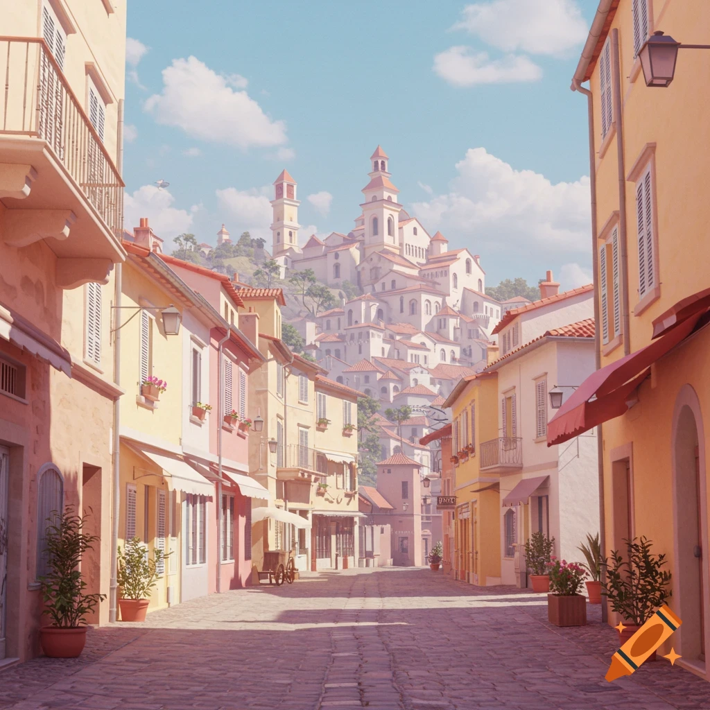 A pastel-colored 3D illustration of a European town street leading up to a large building on a hill under a cloudy sky.