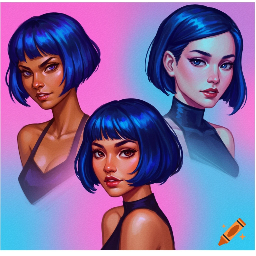 Portraits of three women with short blue hair against a gradient background.