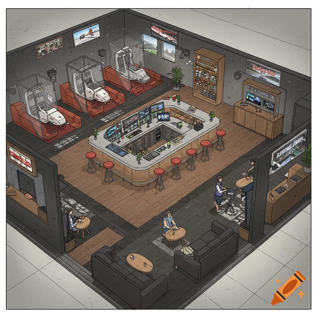 Illustrated isometric view of a room with racing simulators, a central bar, seating areas, and people.