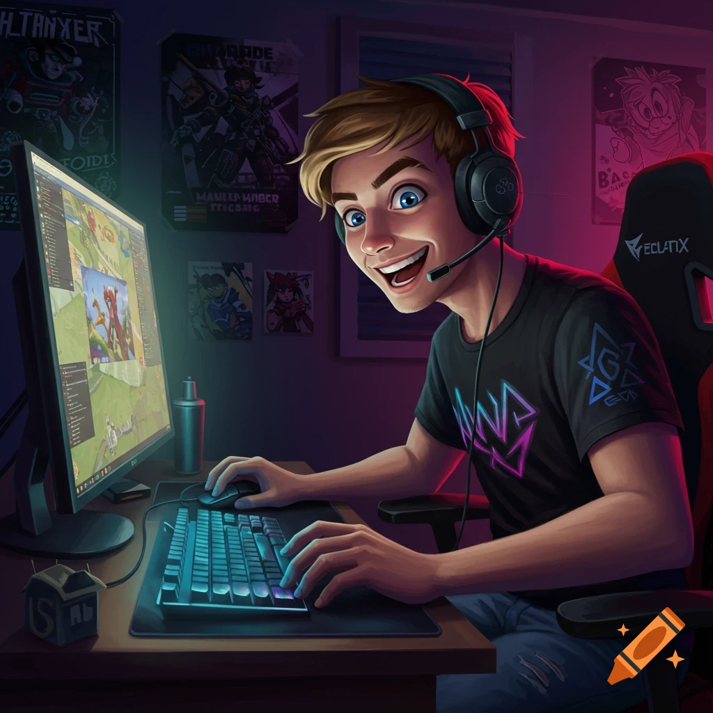 A digitally painted image of a young person with a headset smiling excitedly while playing a computer game at a desk.