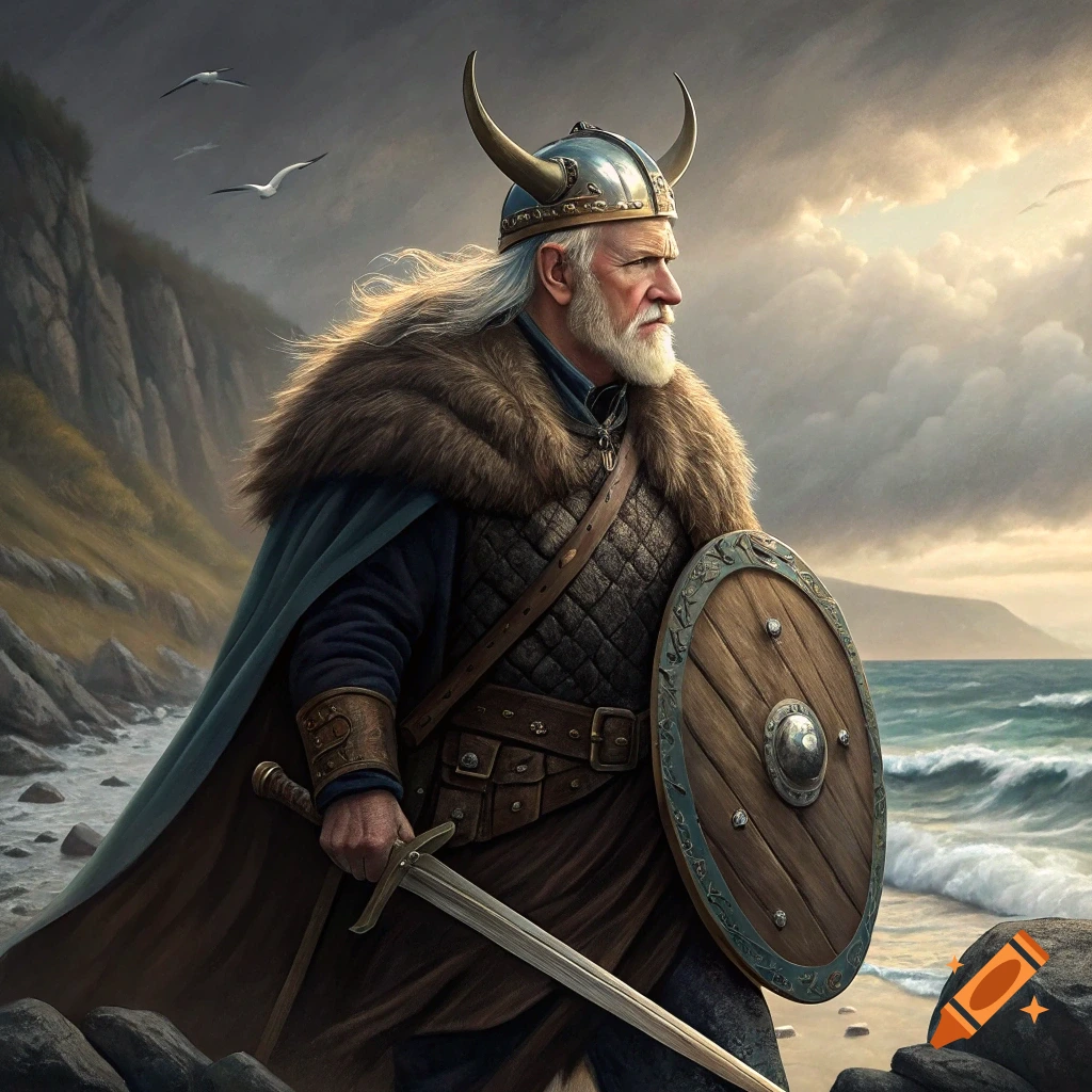 Viking warrior on a rocky beach with sword and shield.