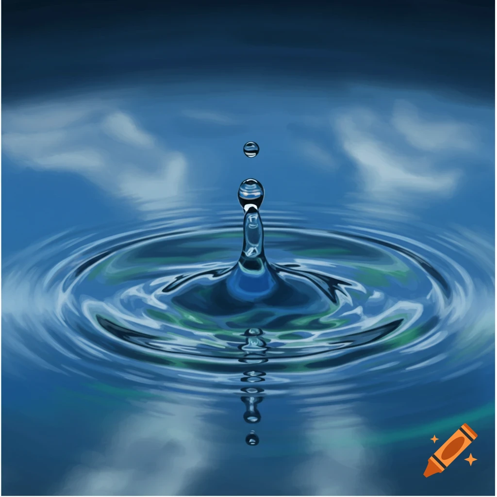 A water drop splashing and creating ripples on a blue surface.
