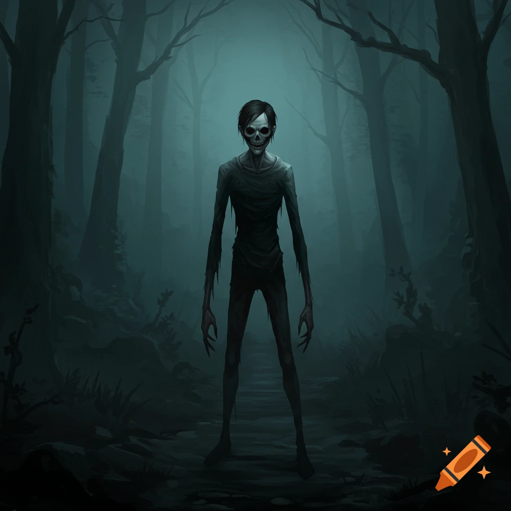 A creepy skeletal creature with long arms stands in a dark, foggy forest.