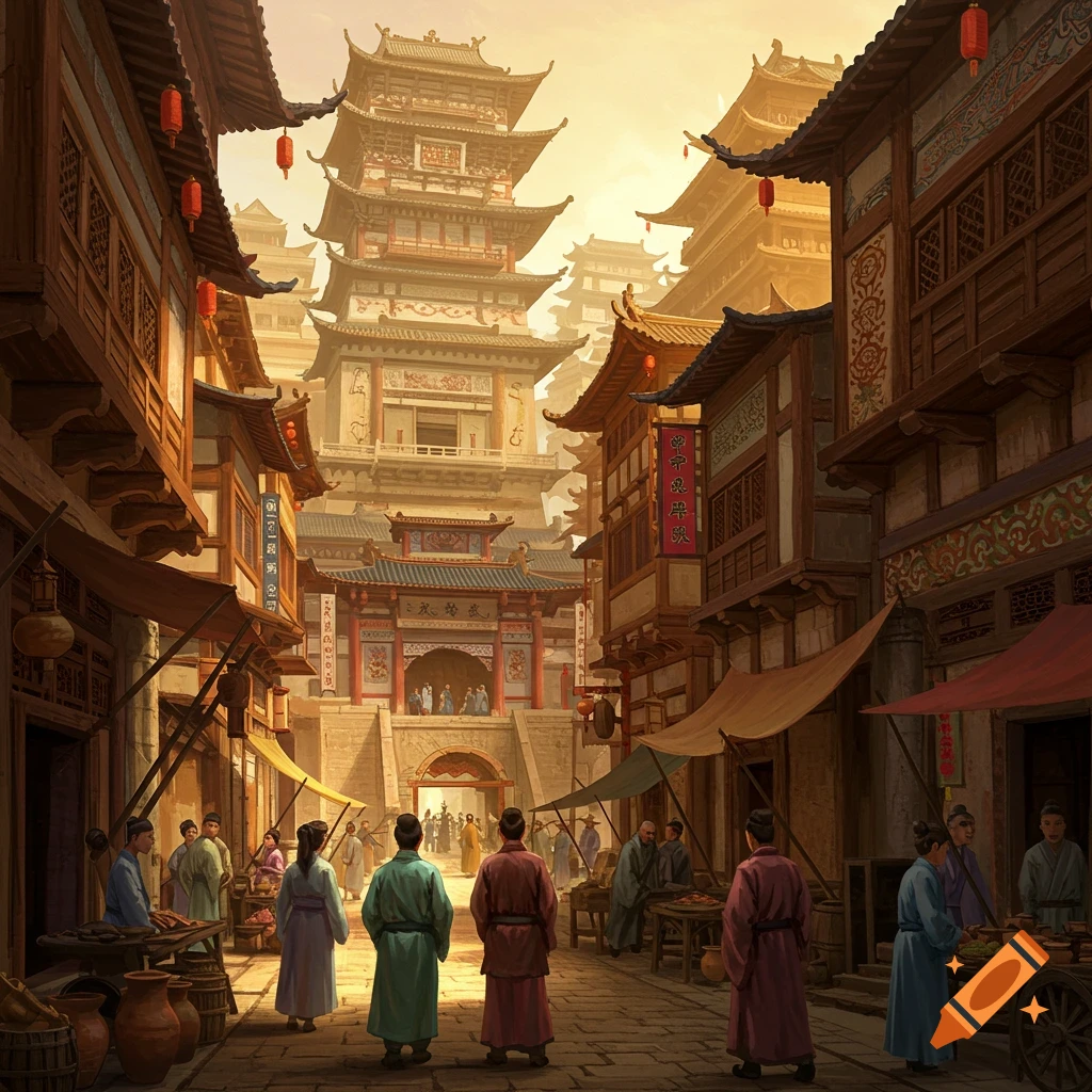 An ancient East Asian city street with traditional buildings, shops, and people.
