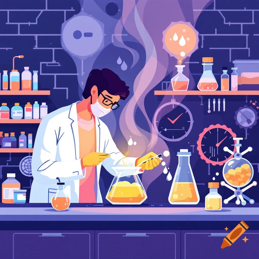A scientist in a lab coat and mask mixing chemicals in a flask, vector illustration.
