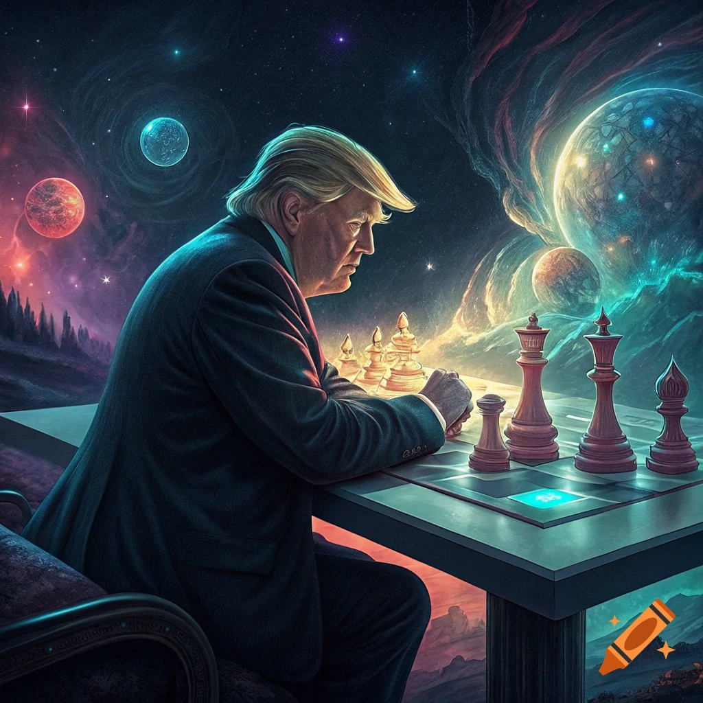 Donald Trump plays chess in a surreal cosmic landscape with planets and stars visible.