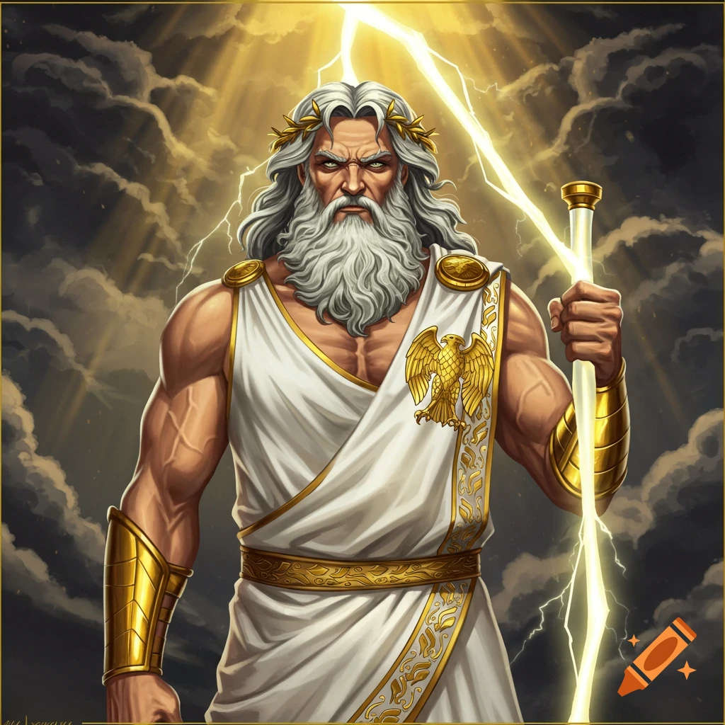 Zeus, god of thunder, holding a lightning bolt amidst dark clouds.