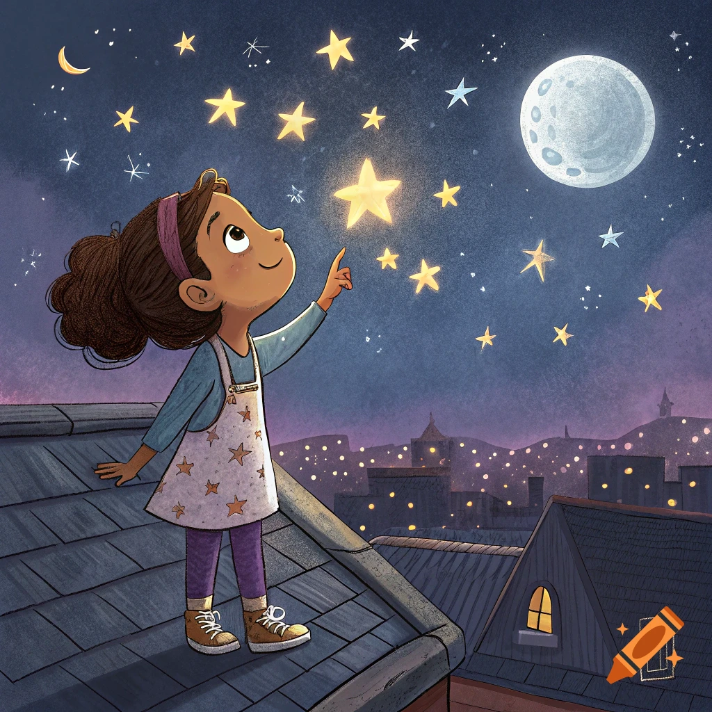 Illustration of a young girl on a rooftop reaching for a star under a night sky with city lights below.