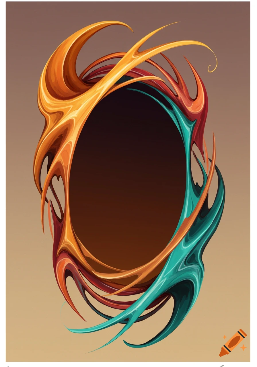 Abstract depiction of an oval frame with swirling orange, red, and teal shapes.